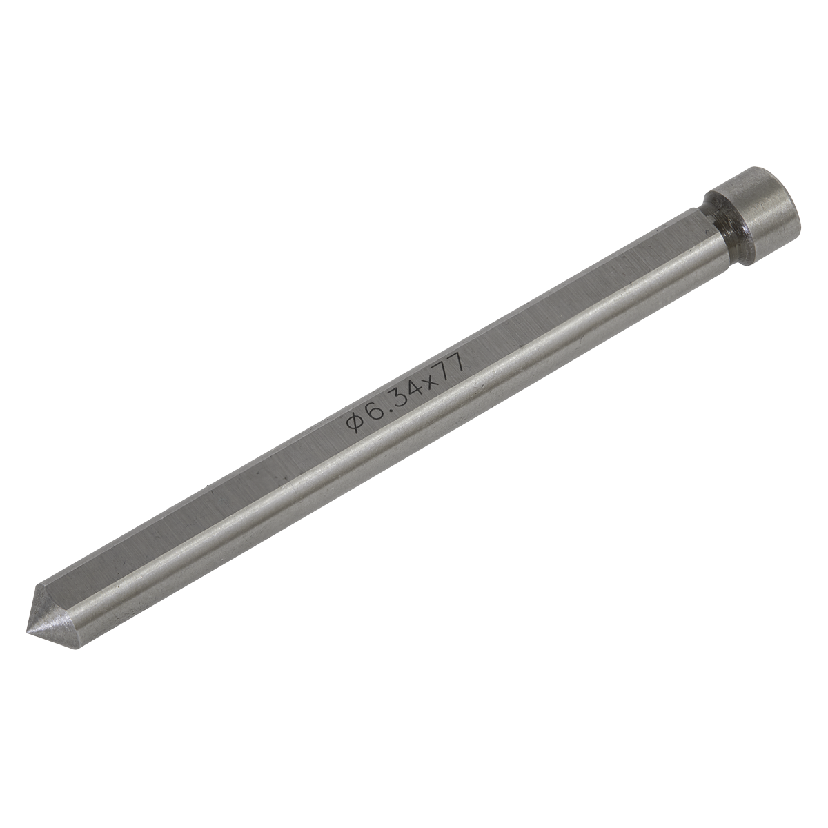 A Sealey Short Straight Pin Pilot Rod 77mm - RBSP with a pointed tip and engraved measurements "Φ6.34×77" on its shaft, isolated on a white background. Ideal for use with 13-35mm Rotabors for precision drilling.