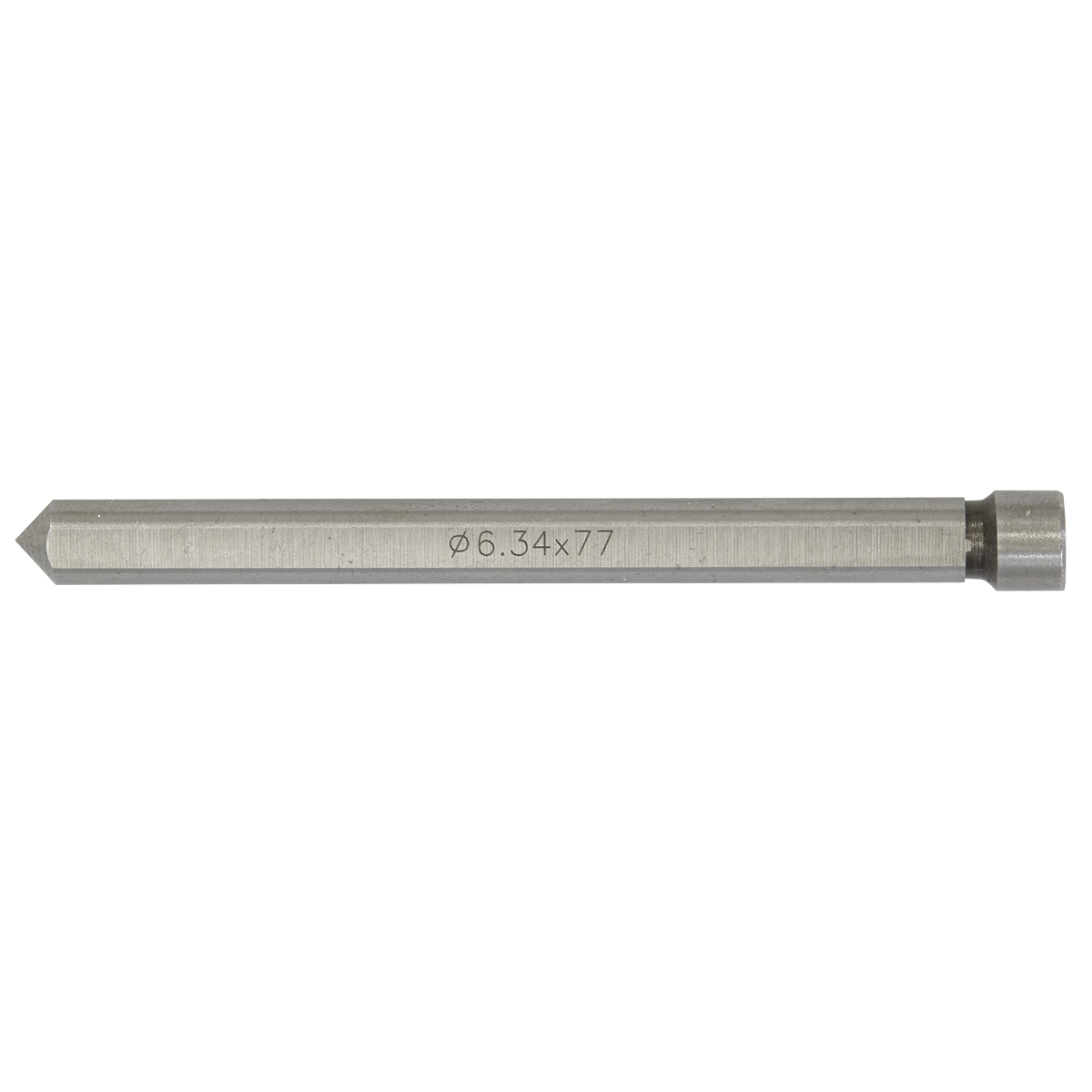 The Short Straight Pin Pilot Rod 77mm - RBSP by Sealey is a metal tool featuring a pointed tip and hexagonal shaft, inscribed with "Φ 6.34 x 77", making it ideal for use as a Rotabor pilot rod.