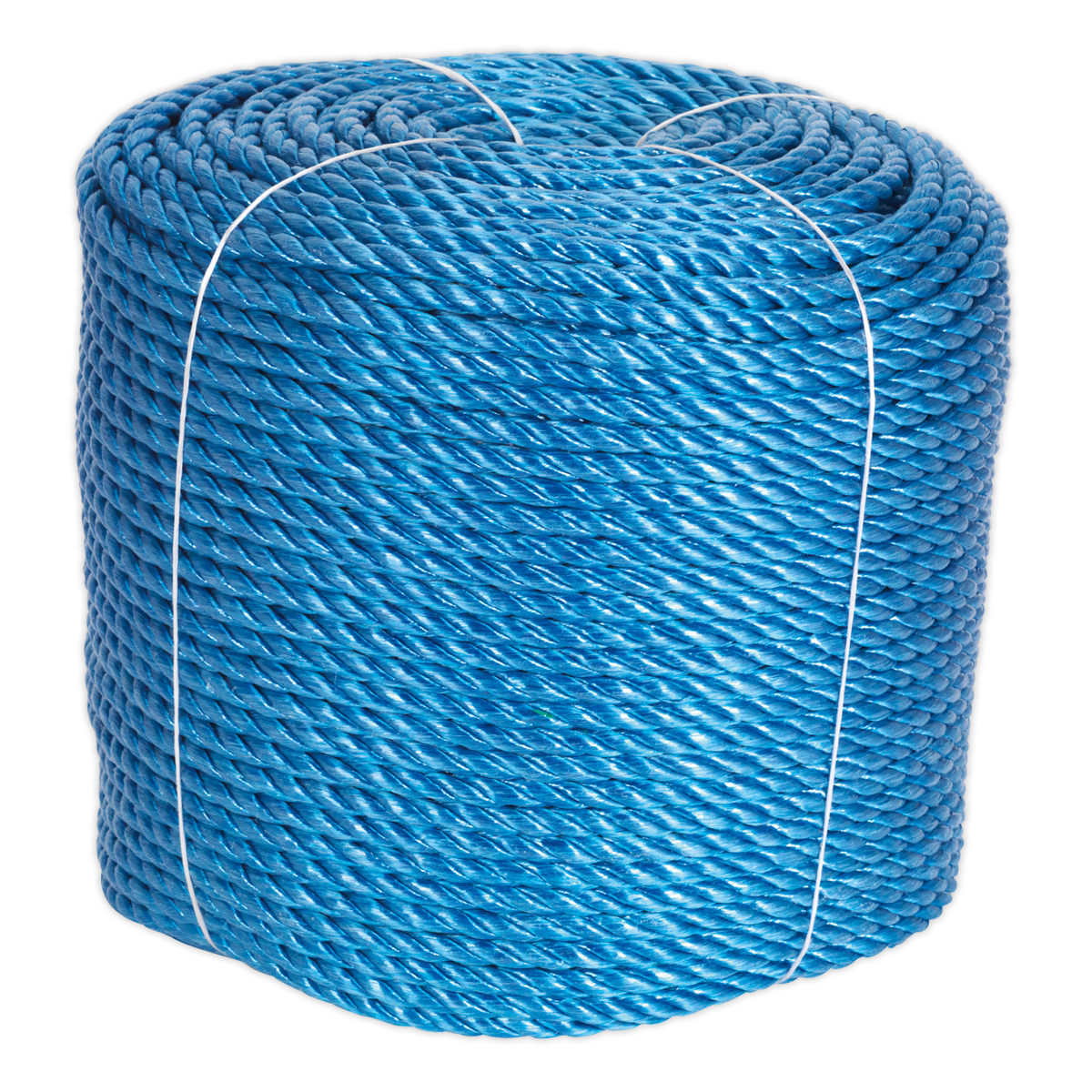 A large coil of Sealey's heavy-duty, weather-resistant blue polypropylene rope (Ø8mm x 220m - RC08220), tightly bound with two white plastic ties.