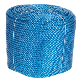 A large coil of Sealey's heavy-duty, weather-resistant blue polypropylene rope (Ø8mm x 220m - RC08220), tightly bound with two white plastic ties.