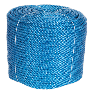 A large coil of Sealey's heavy-duty, weather-resistant blue polypropylene rope (Ø8mm x 220m - RC08220), tightly bound with two white plastic ties.