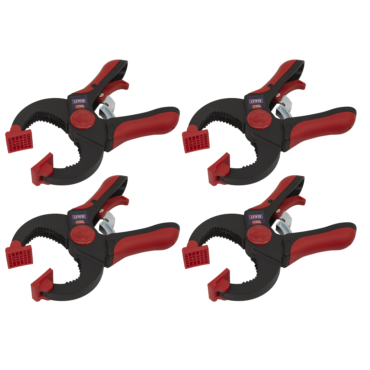 Four Ratchet Clamp 45mm pieces from the Sealey RC504 set, which feature red and black plastic bodies, large jaw openings, and textured gripping surfaces, are arranged in a grid pattern against a white background.