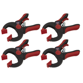 Four Ratchet Clamp 45mm pieces from the Sealey RC504 set, which feature red and black plastic bodies, large jaw openings, and textured gripping surfaces, are arranged in a grid pattern against a white background.
