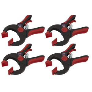 Four Ratchet Clamp 45mm pieces from the Sealey RC504 set, which feature red and black plastic bodies, large jaw openings, and textured gripping surfaces, are arranged in a grid pattern against a white background.