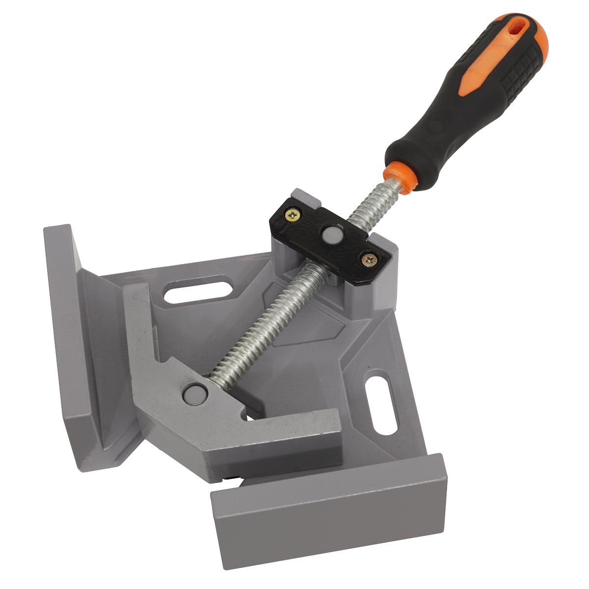 The Sealey Swing Jaw Corner Clamp - RC70, featuring a grey aluminium casting body and an orange and black handle, is displayed against a white background.