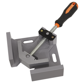 The Sealey Swing Jaw Corner Clamp - RC70, featuring a grey aluminium casting body and an orange and black handle, is displayed against a white background.