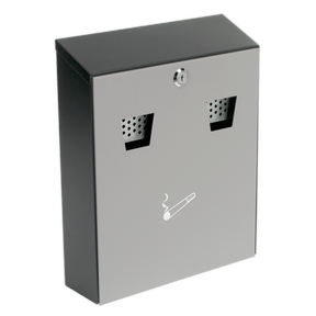 The Sealey Cigarette Bin Wall-Mounting - RCB01 features a high-quality lock, ensuring security for this wall-mounted, lockable metal cigarette disposal bin. Its 2-piece design includes two openings and a prominent cigarette symbol on the front.