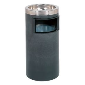 The Sealey Cigarette Ashtray & Litter Bin 8L - RCB06 features a robust metal construction with an open disposal slot and a convenient built-in ashtray on top, making it perfect for designated smoking areas.