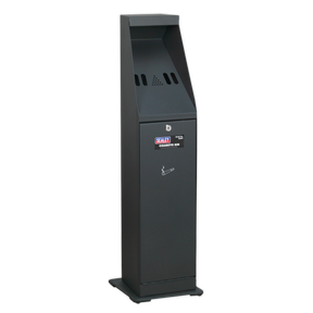 A black, free-standing cigarette bin labeled "Cigarette Bin - RCB07" by Sealey, featuring metal construction with an ash disposal area at the top and a key lock mechanism in the middle, is ideal for designated smoking areas.