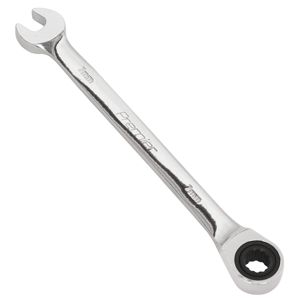 A Sealey Ratchet Combination Spanner 7mm - RCW07, crafted from durable Chrome Vanadium steel, features an open-end on one side and a ratchet ring box-end on the other.