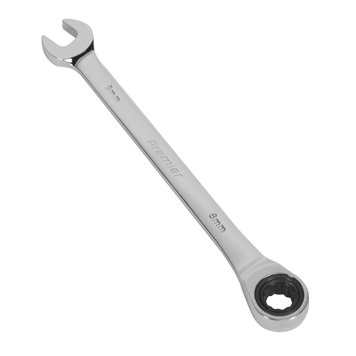 The Sealey Ratchet Combination Spanner 8mm - RCW08 is crafted from durable Chrome Vanadium steel and features an open-end on one side and a 72-tooth ratchet ring on the other for efficient use. Sealey's quality ensures long-lasting performance.