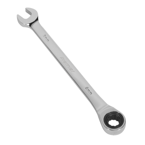 The Sealey Ratchet Combination Spanner 8mm - RCW08 is crafted from durable Chrome Vanadium steel and features an open-end on one side and a 72-tooth ratchet ring on the other for efficient use. Sealey's quality ensures long-lasting performance.