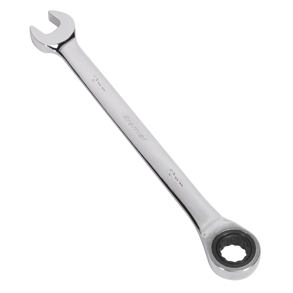 The Sealey Ratchet Combination Spanner 10mm - RCW10, a durable tool made from Chrome Vanadium steel, features an open-end on one side and a ratcheting box-end on the other. Inscribed with "Premier Hand Tools" and size markings "10 mm," this versatile spanner ensures reliability and precision for any task.