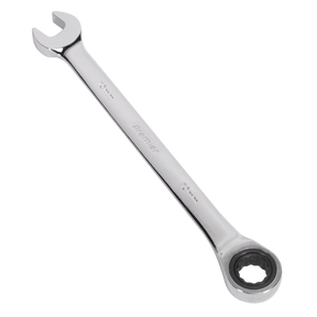 The Sealey Ratchet Combination Spanner 10mm - RCW10, a durable tool made from Chrome Vanadium steel, features an open-end on one side and a ratcheting box-end on the other. Inscribed with "Premier Hand Tools" and size markings "10 mm," this versatile spanner ensures reliability and precision for any task.