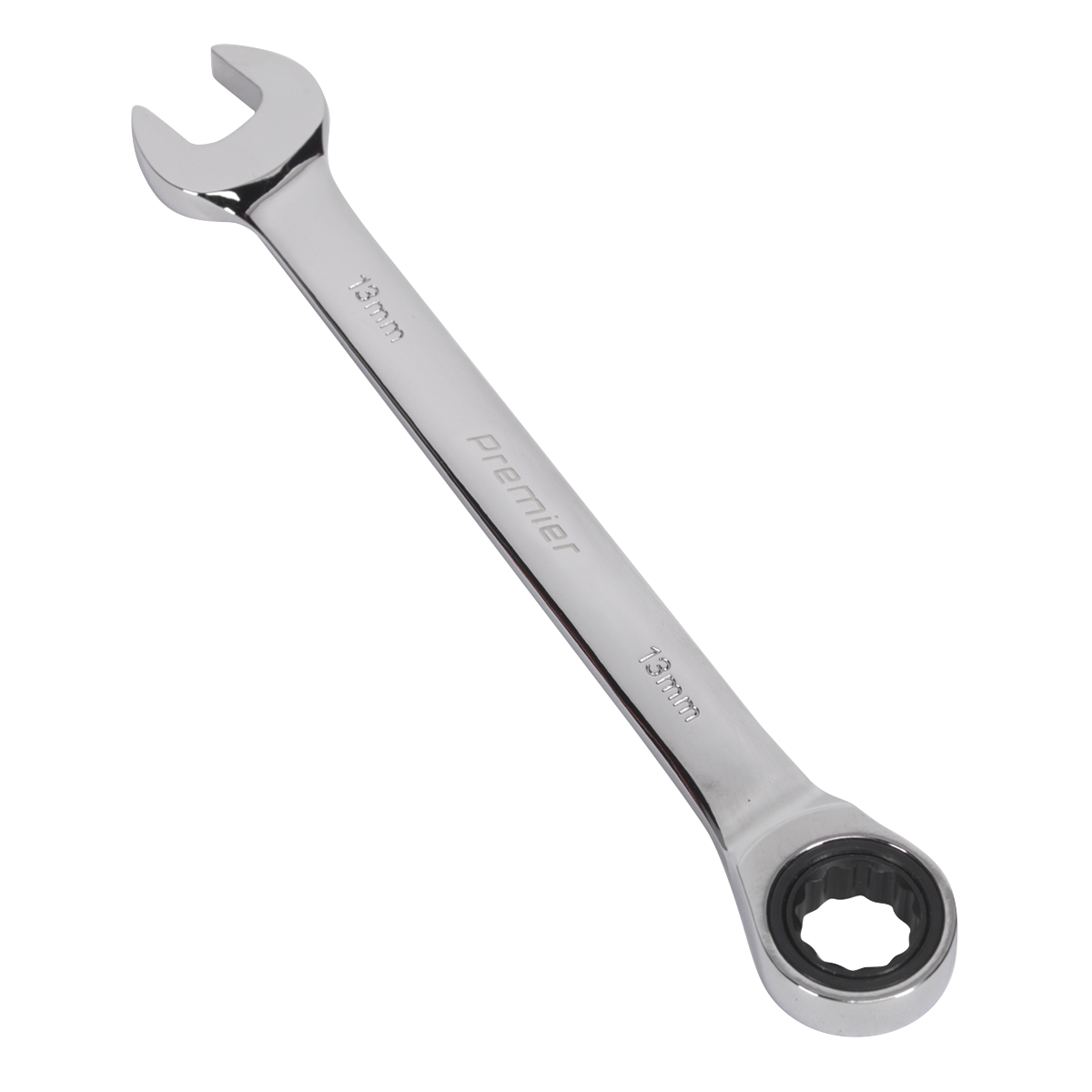 A Sealey Ratchet Combination Spanner 13mm (RCW13) with an open-ended and a ratcheting box-end, featuring size markings of 13mm and "Sealey" branding. Crafted from Chrome Vanadium steel, it boasts ultra-smooth ratchet action for superior performance.