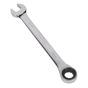 A Sealey Ratchet Combination Spanner 13mm (RCW13) with an open-ended and a ratcheting box-end, featuring size markings of 13mm and "Sealey" branding. Crafted from Chrome Vanadium steel, it boasts ultra-smooth ratchet action for superior performance.