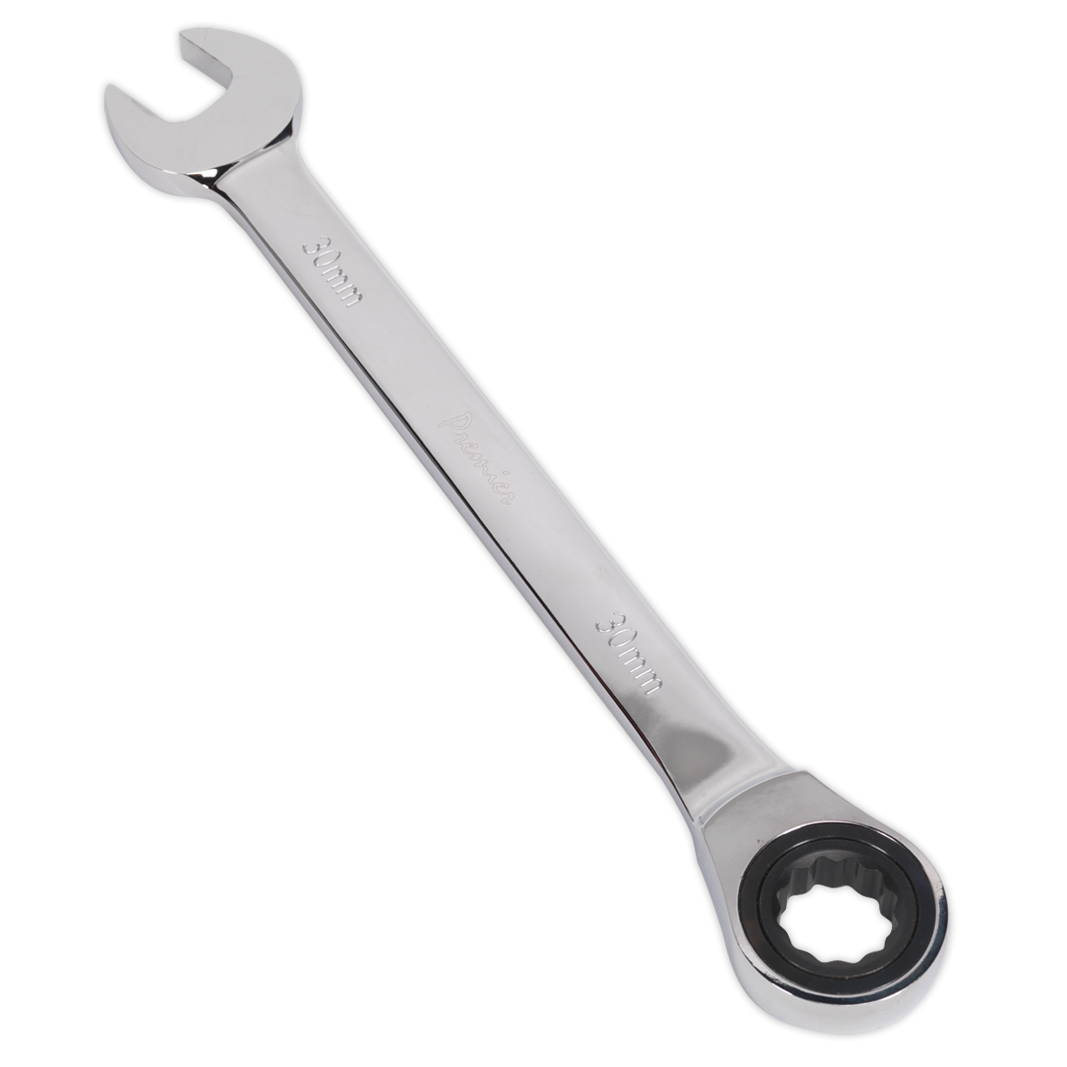 A silver, 30mm Ratchet Combination Spanner by Sealey, model RCW30, crafted from durable Chrome Vanadium steel and featuring an open-end on one side and a ratcheting ring on the other.