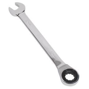 A silver, 30mm Ratchet Combination Spanner by Sealey, model RCW30, crafted from durable Chrome Vanadium steel and featuring an open-end on one side and a ratcheting ring on the other.