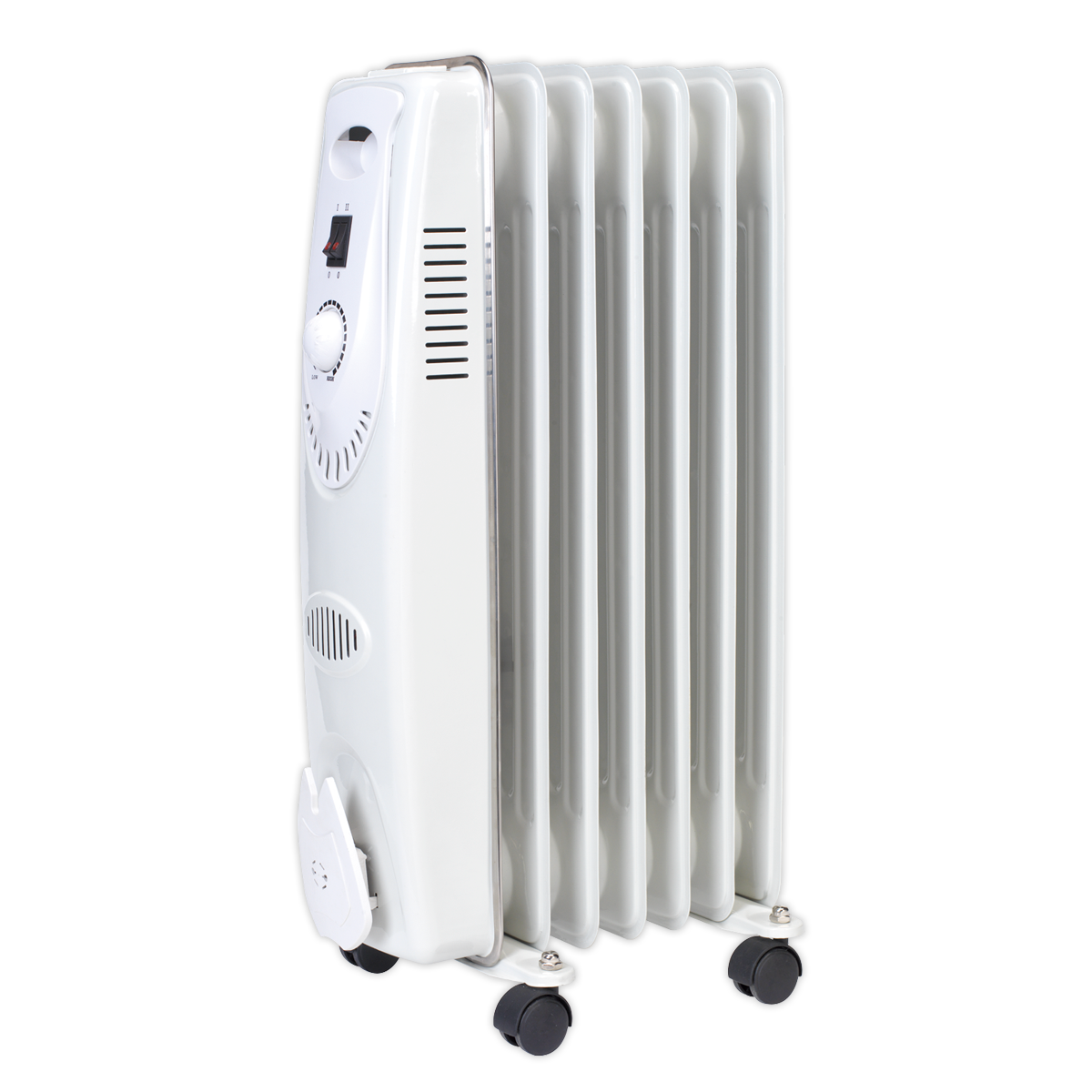 The Sealey Oil Filled Radiator 1500W/230V 7-Element - RD1500 is a white, portable heater featuring thermostatic heat control, control dials, and a safety tip-over switch; wheels ensure easy mobility.