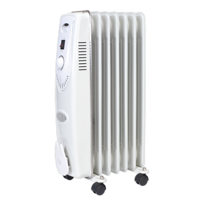 The Sealey Oil Filled Radiator 1500W/230V 7-Element - RD1500 is a white, portable heater featuring thermostatic heat control, control dials, and a safety tip-over switch; wheels ensure easy mobility.