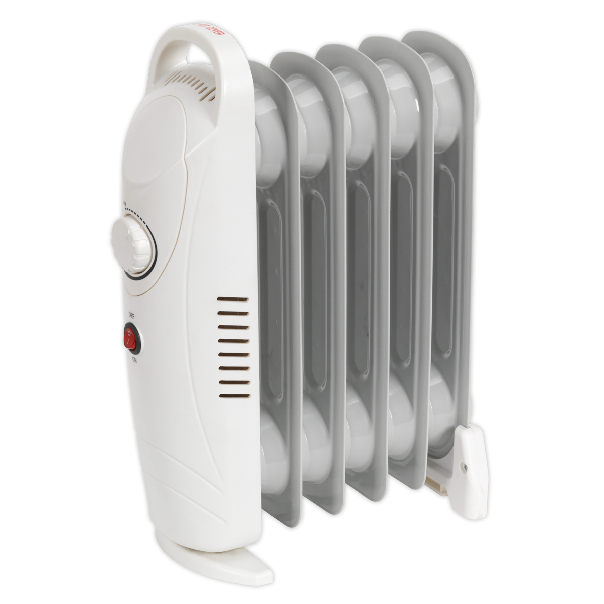 The Sealey Oil-Filled Radiator Mini 800W/230V 6-Element - RD800, a white heater with thermostatic heat control, features a control knob and power button on the side and stands securely on small wheels.