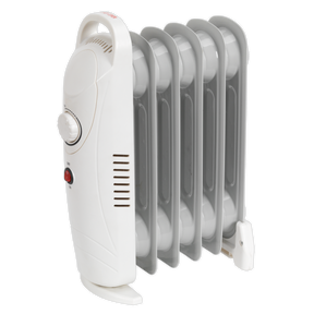 The Sealey Oil-Filled Radiator Mini 800W/230V 6-Element - RD800, a white heater with thermostatic heat control, features a control knob and power button on the side and stands securely on small wheels.