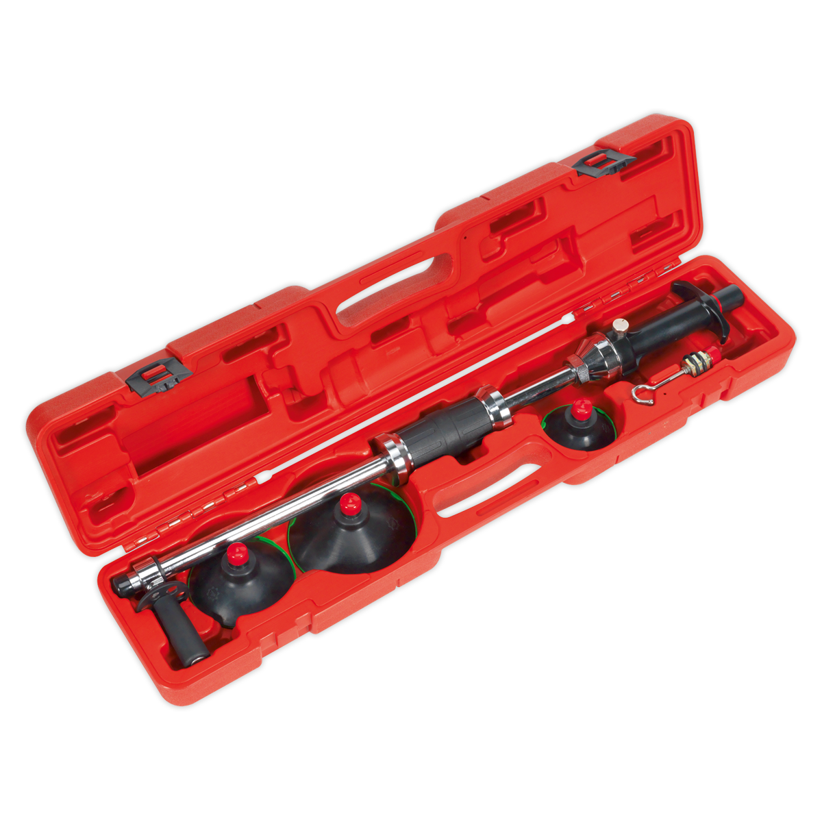 Sealey Air Suction Dent Puller - Plunger Type - RE012, a red plastic case containing a variety of attachments for effective panel reshaping.