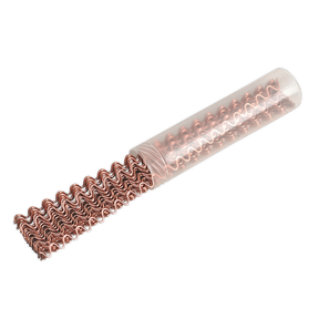 Sealey's Wavy-Wire Strip for Panel Pulling System Pack of 50 - RE100/WS is a metallic, likely copper, tube featuring spiraled fins along its length. It showcases an integrated cylindrical and finned design for enhanced thermal performance, making it perfect for panel pulling systems.