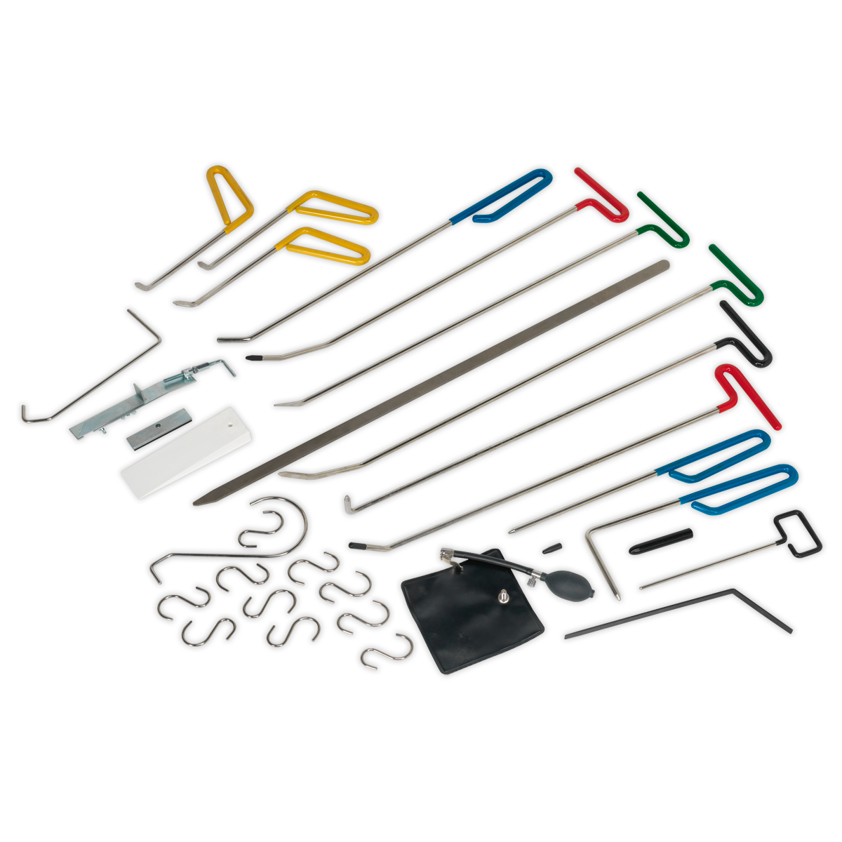 A set of various paintless dent repair tools, including tension wrenches, hooks, and other picks, laid out in an orderly arrangement, much like a professional technician's precision Bodyshop tools – introducing the Sealey Paintless Dent Repair Kit 33pc (RE102).