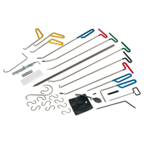 A set of various paintless dent repair tools, including tension wrenches, hooks, and other picks, laid out in an orderly arrangement, much like a professional technician's precision Bodyshop tools – introducing the Sealey Paintless Dent Repair Kit 33pc (RE102).