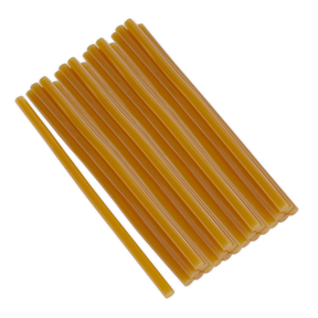 The Sealey PDR Glue Stick Pack of 25 - RE105/2 includes a set of yellow hot melt glue sticks, with one stick placed parallel but slightly apart from the rest, ideal for use in glue guns.