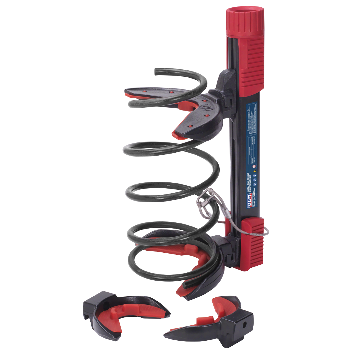 The Coil Spring Compressor Kit 1600kg - RE225 by Sealey is a red and black tool equipped with safety yokes, two sets of clamps, and a screw mechanism for compressing springs, typically used in automotive suspension repairs.