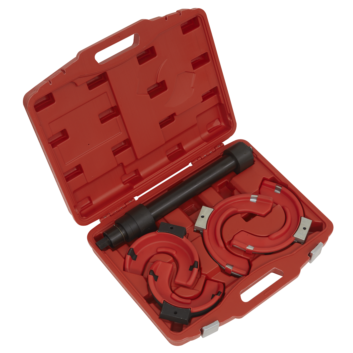 Sealey's Professional Coil Spring Compressor Kit - Left-Hand (RE239) includes various sized coil compressors and interchangeable left-hand yokes, along with durable plastic protectors for enhanced safety during use.