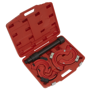Sealey's Professional Coil Spring Compressor Kit - Left-Hand (RE239) includes various sized coil compressors and interchangeable left-hand yokes, along with durable plastic protectors for enhanced safety during use.