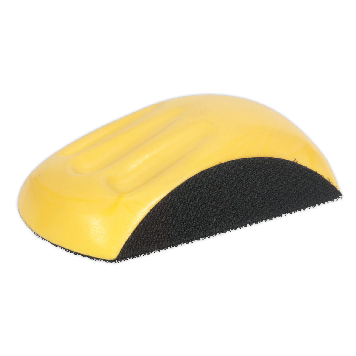 The Sanding Block, Curved Hook-and-Loop Ø150mm - RE4001 by Sealey is a yellow handheld tool featuring a black grip base and a hook-and-loop surface designed for Ø150mm abrasive sheets.