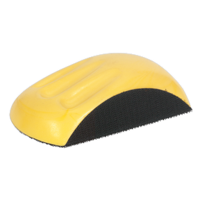 The Sanding Block, Curved Hook-and-Loop Ø150mm - RE4001 by Sealey is a yellow handheld tool featuring a black grip base and a hook-and-loop surface designed for Ø150mm abrasive sheets.