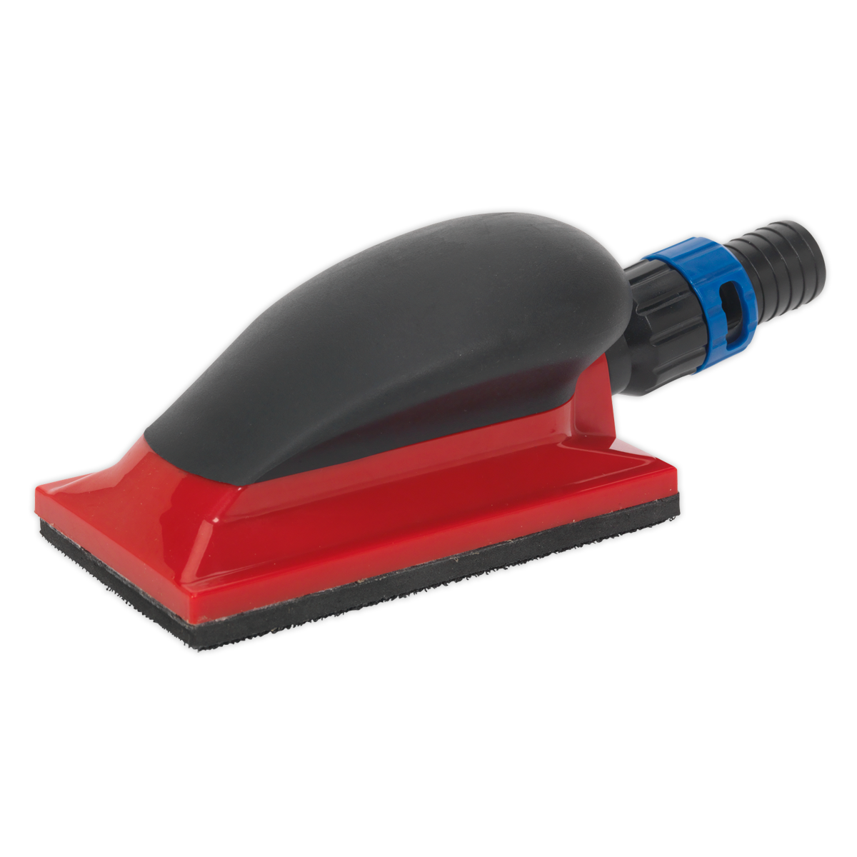 The Dust-Free Sanding Block 70 x 120mm - RE4011 by Sealey is a handheld red and black tool with a hose attachment point, designed for use with dust-free sanding sheets.