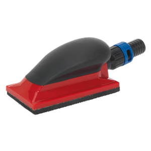 The Dust-Free Sanding Block 70 x 120mm - RE4011 by Sealey is a handheld red and black tool with a hose attachment point, designed for use with dust-free sanding sheets.