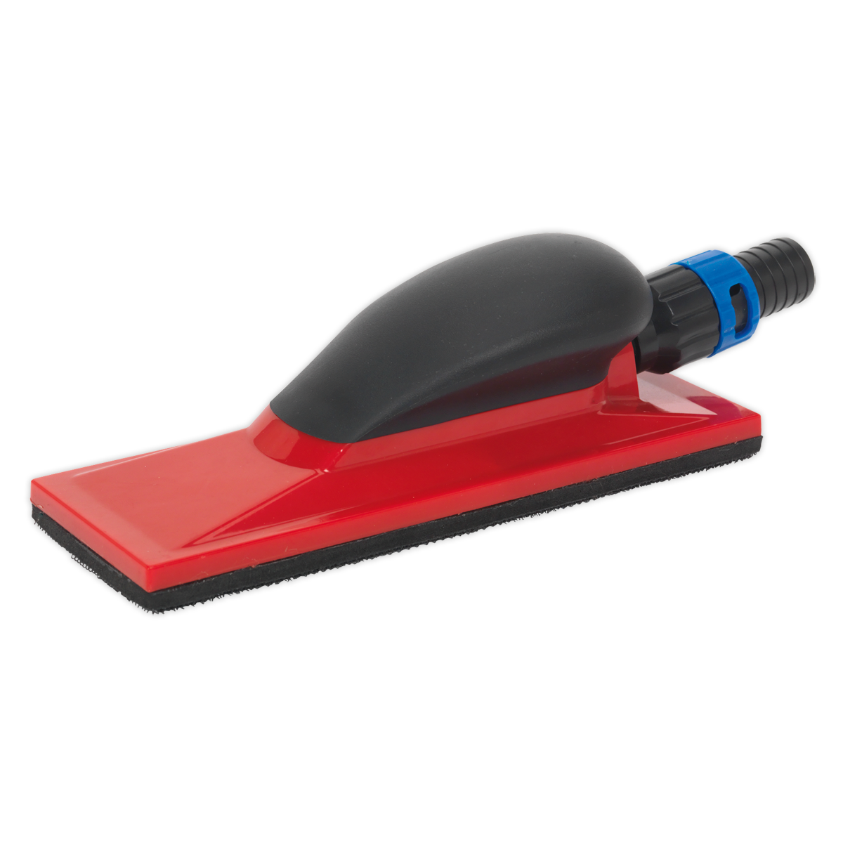 The Sealey Dust-Free Sanding Block 70 x 198mm - RE4012 features a red and black design with an ergonomic soft grip handle and a blue attachment point. The base includes a flat sanding surface.