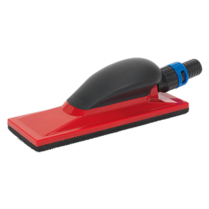 The Sealey Dust-Free Sanding Block 70 x 198mm - RE4012 features a red and black design with an ergonomic soft grip handle and a blue attachment point. The base includes a flat sanding surface.