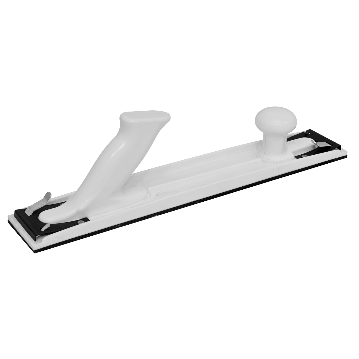 The Sealey Sanding Block Long Board Hook-and-Loop 70 x 407mm - RE4021 is a white sanding block with a black hook-and-loop sanding surface, featuring a curved handle for grip and a rounded knob for stability.