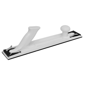 The Sealey Sanding Block Long Board Hook-and-Loop 70 x 407mm - RE4021 is a white sanding block with a black hook-and-loop sanding surface, featuring a curved handle for grip and a rounded knob for stability.