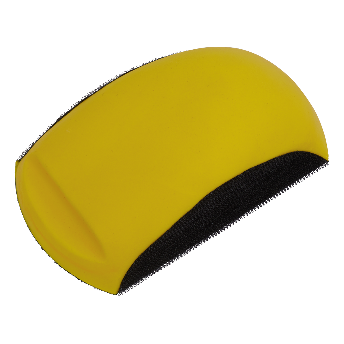 The Sealey Sanding Block Convex Hook-and-Loop 90 x 150mm - RE4022 is a yellow and black handheld abrasive sanding tool featuring a convex block design, perfect for smoothing surfaces.