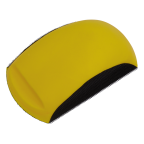 The Sealey Sanding Block Convex Hook-and-Loop 90 x 150mm - RE4022 is a yellow and black handheld abrasive sanding tool featuring a convex block design, perfect for smoothing surfaces.