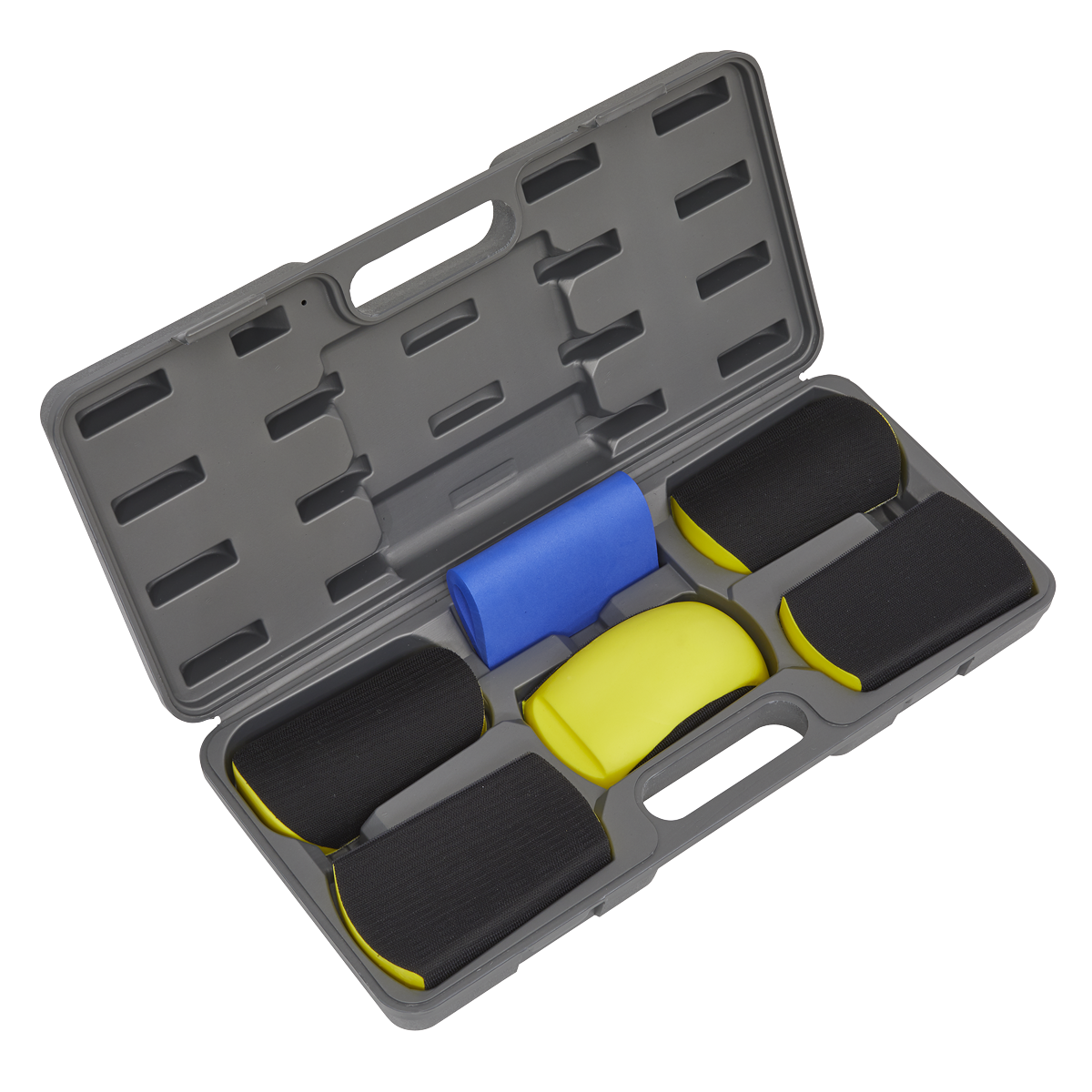 The Sanding Block Hook-and-Loop Kit 6pc - RE40KIT by Sealey includes a sturdy hard plastic case with a handle, featuring five resilient black and yellow sanding blocks, one blue sanding block, and convenient hook-and-loop surfaces.