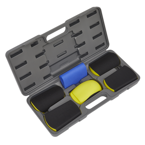 The Sanding Block Hook-and-Loop Kit 6pc - RE40KIT by Sealey includes a sturdy hard plastic case with a handle, featuring five resilient black and yellow sanding blocks, one blue sanding block, and convenient hook-and-loop surfaces.