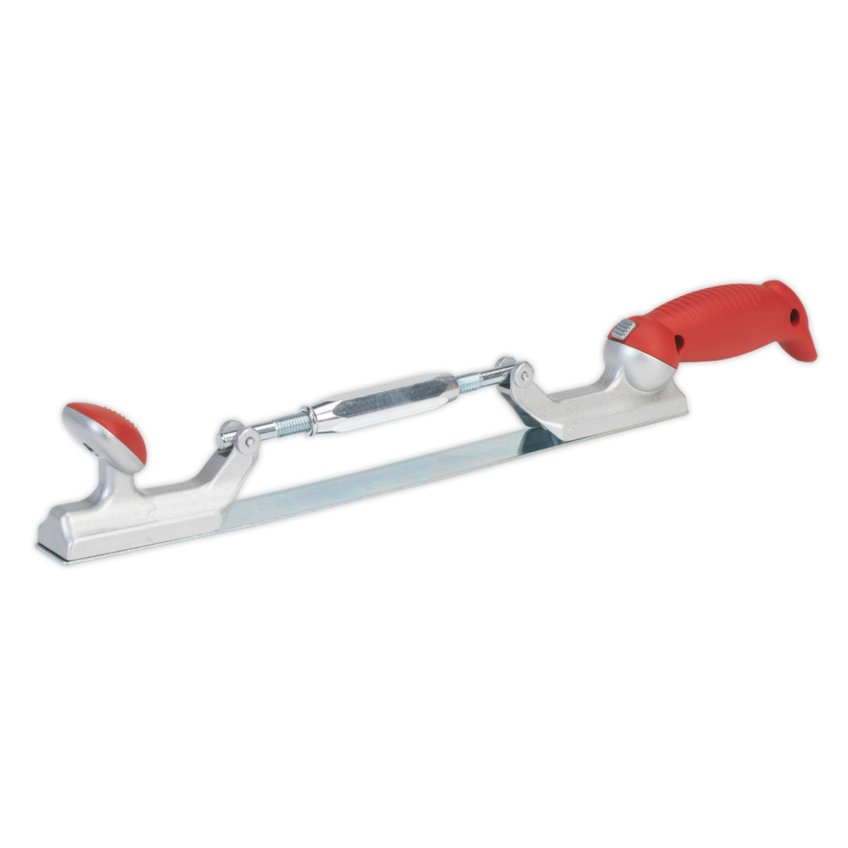 The Professional Adjustable Hand File Holder - RE5001 by Sealey is designed with a red handle on one side and a black handle on the other, connected by a curved metal blade. Ideal for professional bodyshops, it features a swivel lock handle for enhanced control and precision in your work.