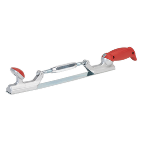 The Professional Adjustable Hand File Holder - RE5001 by Sealey is designed with a red handle on one side and a black handle on the other, connected by a curved metal blade. Ideal for professional bodyshops, it features a swivel lock handle for enhanced control and precision in your work.