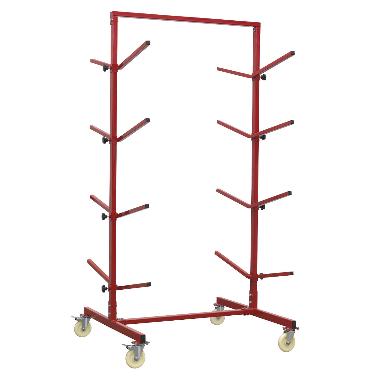 The Sealey Bumper Rack Double-Sided 4-Level - RE55 is a red metal cart known for its heavy-duty construction, featuring multiple arms for storage and mounted on four wheels, making it a perfect solution for workshop storage.