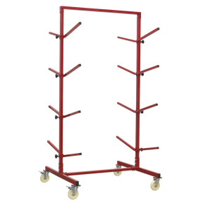 The Sealey Bumper Rack Double-Sided 4-Level - RE55 is a red metal cart known for its heavy-duty construction, featuring multiple arms for storage and mounted on four wheels, making it a perfect solution for workshop storage.